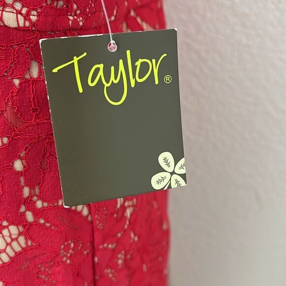 Taylor Elegant Red Floral Lace Dress Scoop Neck Short Sleeve Midi Size 14 New - Picture 6 of 14